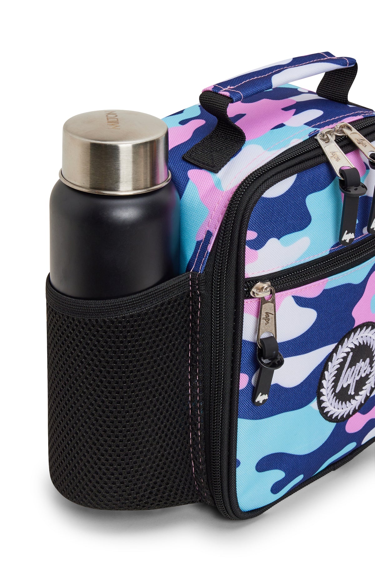 Hype Pink & Blue Evie Camo insulated lunch bag — dimensions and size reference for school use
