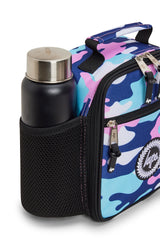 Hype Pink & Blue Evie Camo insulated lunch bag — dimensions and size reference for school use