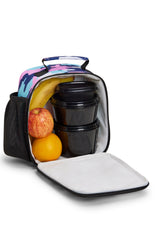 Hype Pink & Blue Evie Camo insulated lunch bag — colour and design detail from above