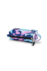 Hype Pink & Blue Evie Camo pencil case — colour and design detail from above