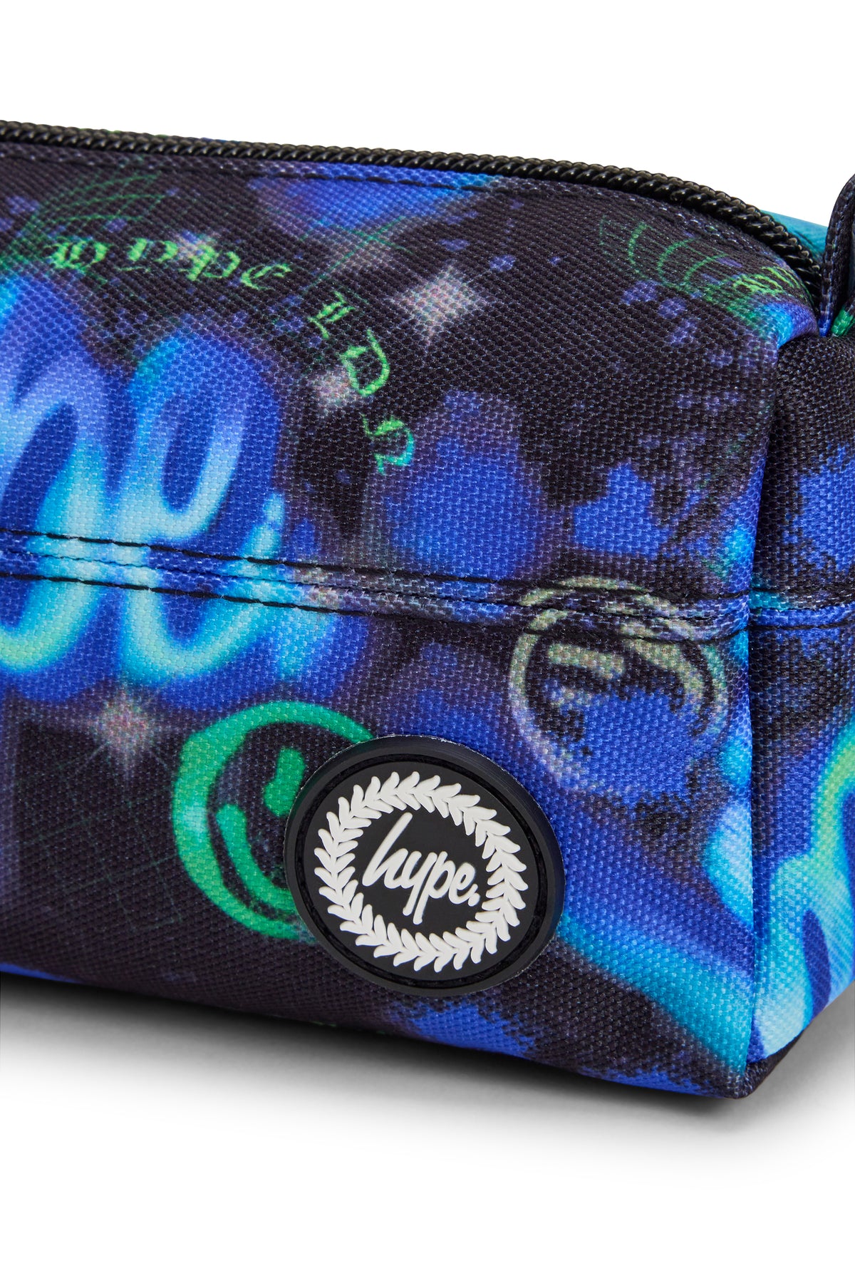 Hype Blue & Green Electric Smile pencil case — bold colour and print from every angle