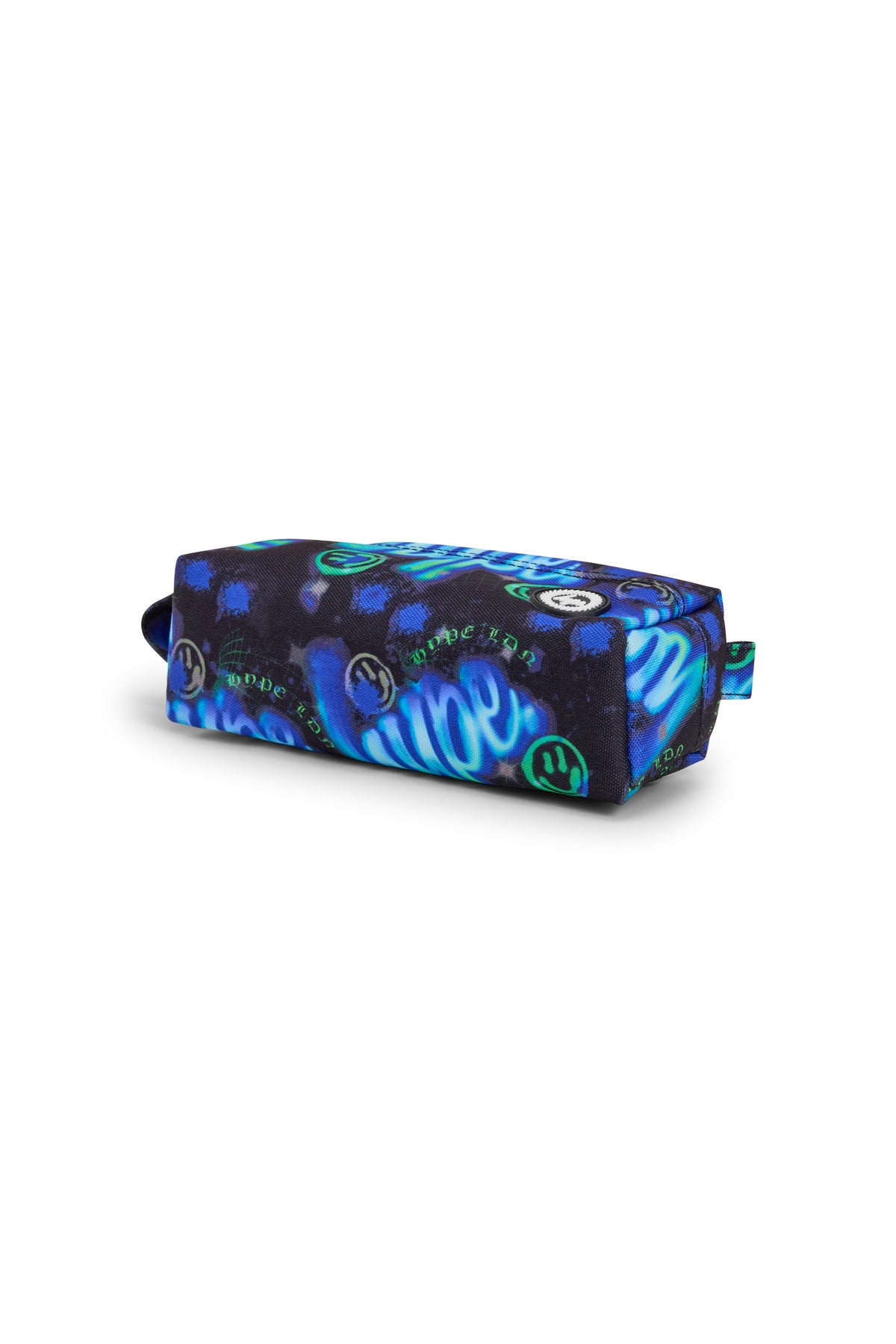 Hype Blue & Green Electric Smile pencil case — colour and design detail from above