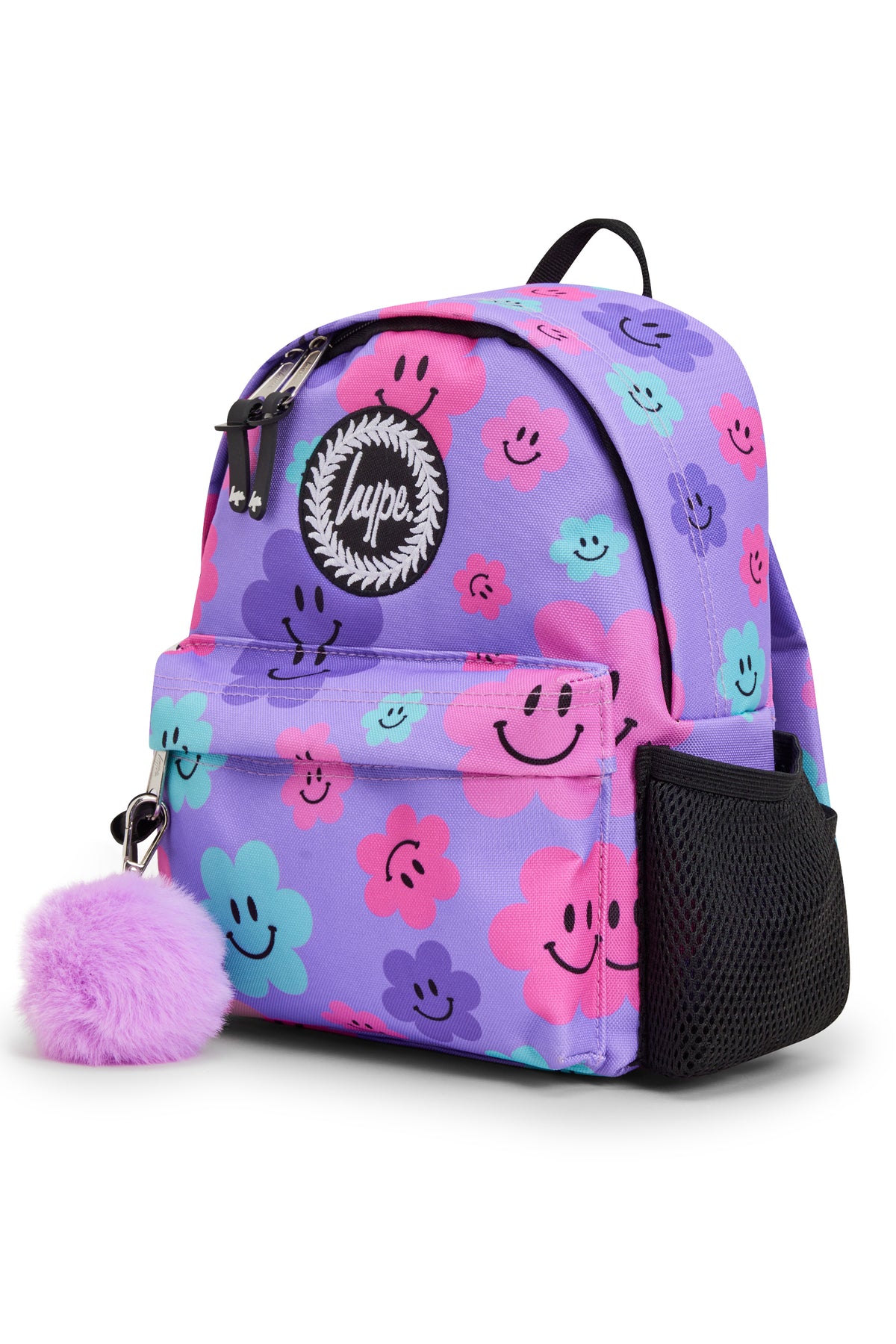Hype Purple Happy Flowers mini backpack front view — vibrant print and durable build