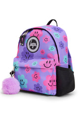 Hype Purple Happy Flowers mini backpack front view — vibrant print and durable build