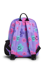 Hype Purple Happy Flowers mini backpack — close-up of logo and design details