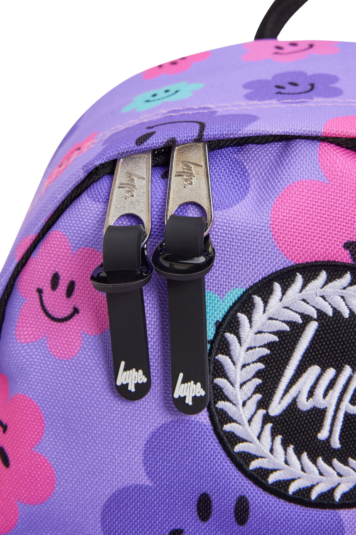 Hype Purple Happy Flowers mini backpack — bold colour and print from every angle