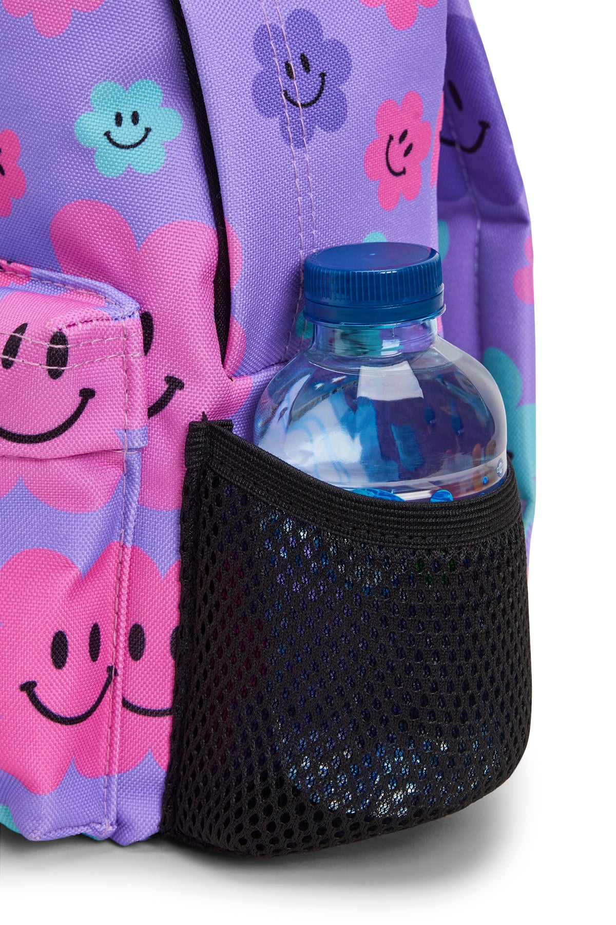 Hype Purple Happy Flowers mini backpack lifestyle shot — school-ready and on-trend