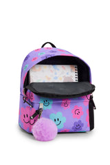 Hype Purple Happy Flowers mini backpack — colour and design detail from above