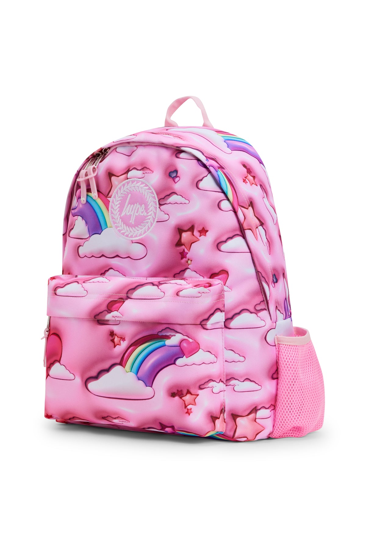 Hype Pink 3D Clouds backpack front view — vibrant print and durable build