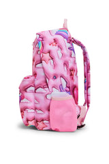 Hype Pink 3D Clouds backpack side view showing padded straps and pockets
