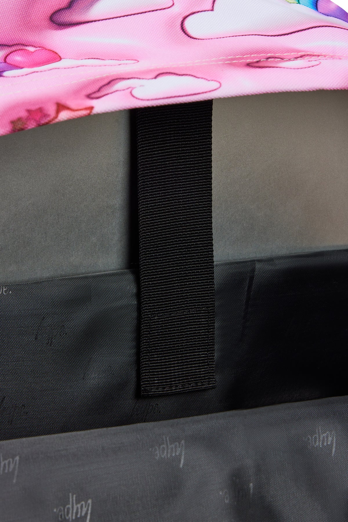 Hype Pink 3D Clouds backpack — colour and design detail from above