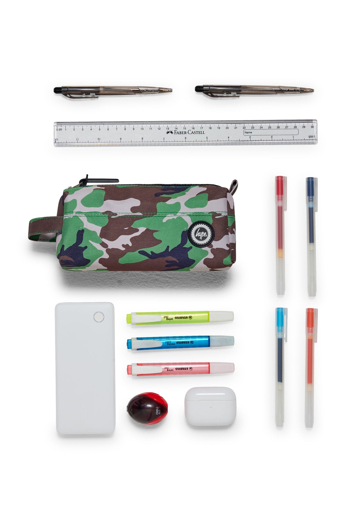 Hype Camo Crest pencil case — colour and design detail from above