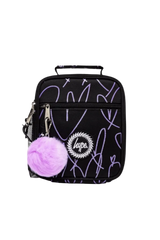 A black insulated lunch bag with purple graffiti-style scribbles, a silver zipper, a circular 'luna' logo patch, and a fluffy light purple pom-pom charm, shown on a plain white background.
