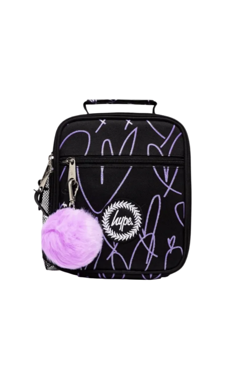 A black insulated lunch bag with purple graffiti-style scribbles, a silver zipper, a circular 'luna' logo patch, and a fluffy light purple pom-pom charm, shown on a plain white background.