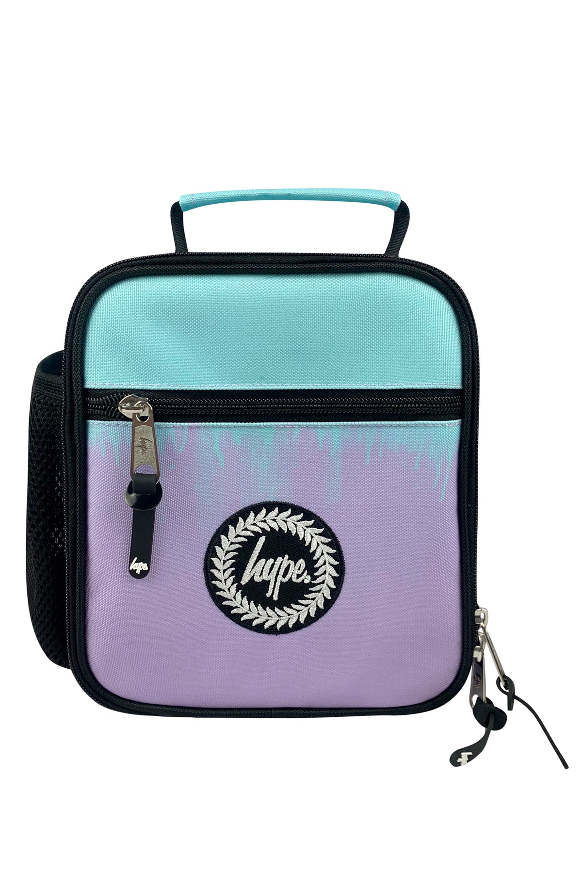 Hype Lilac & Teal Drips school bag set open interior — compartments and features