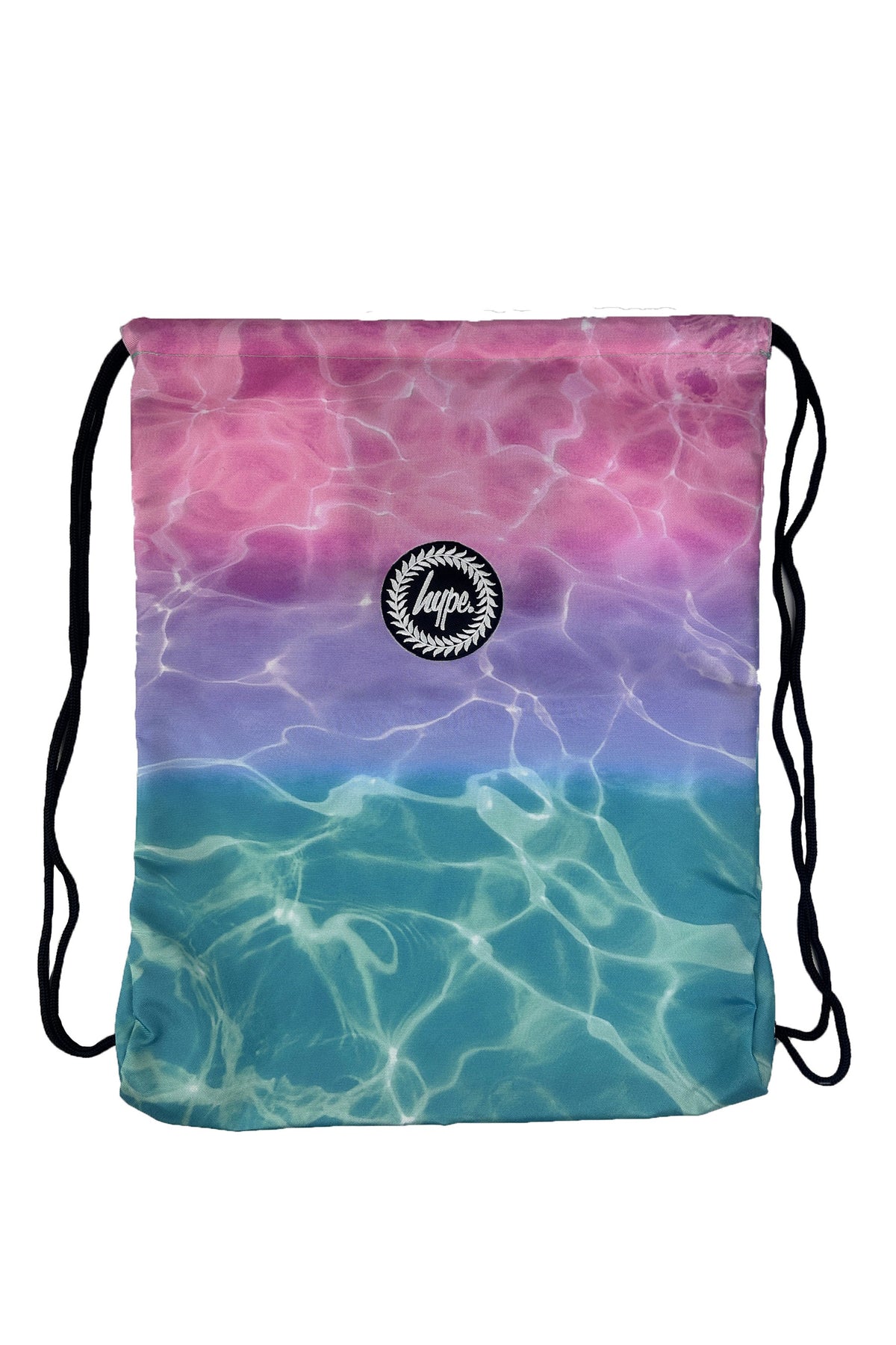 Drawstring bag with a colorful water pattern and a brand logo, back-to-school essentials