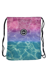 Drawstring bag with a colorful water pattern and a brand logo, back-to-school essentials