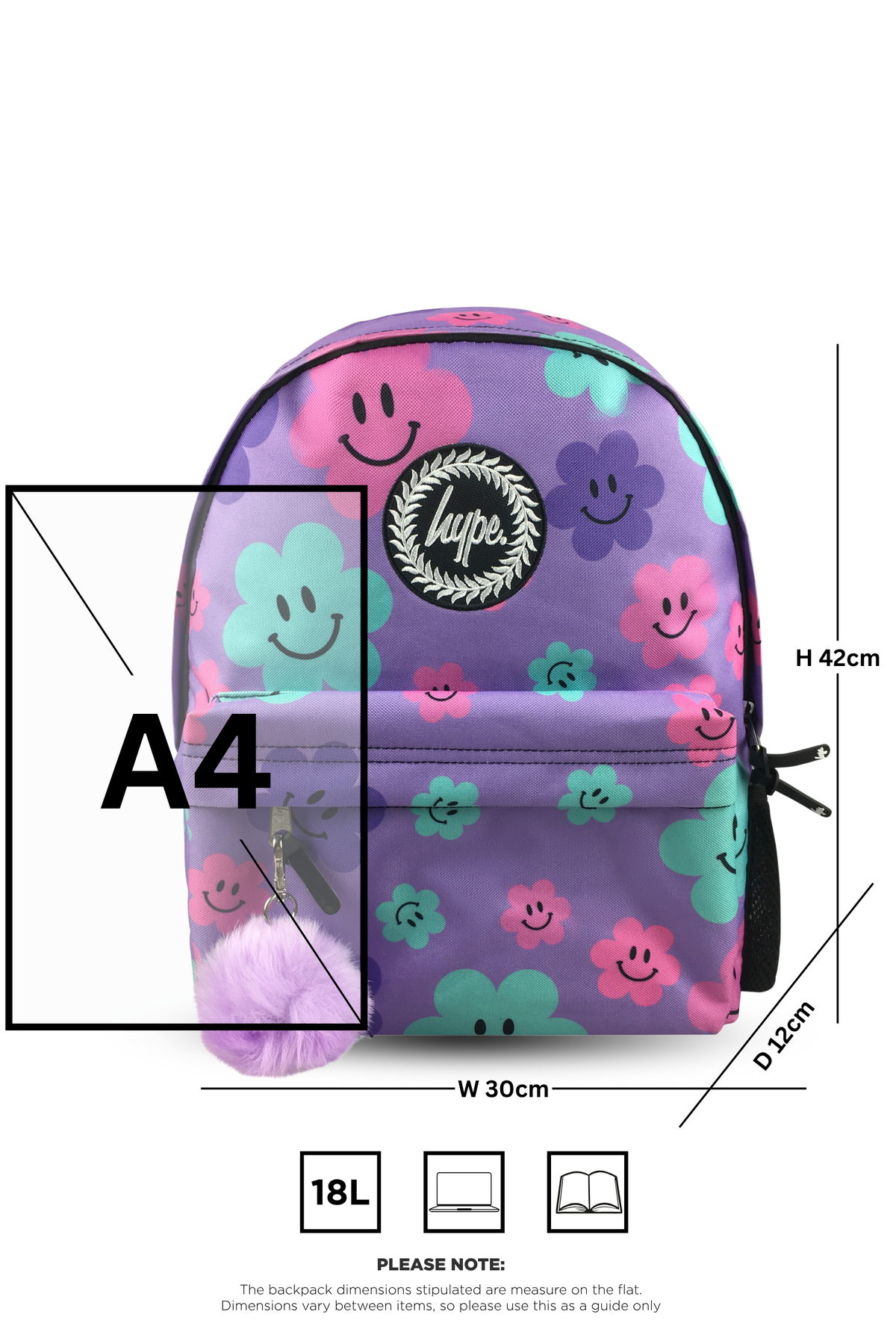 Hype Purple Happy Flowers backpack side view showing padded straps and pockets