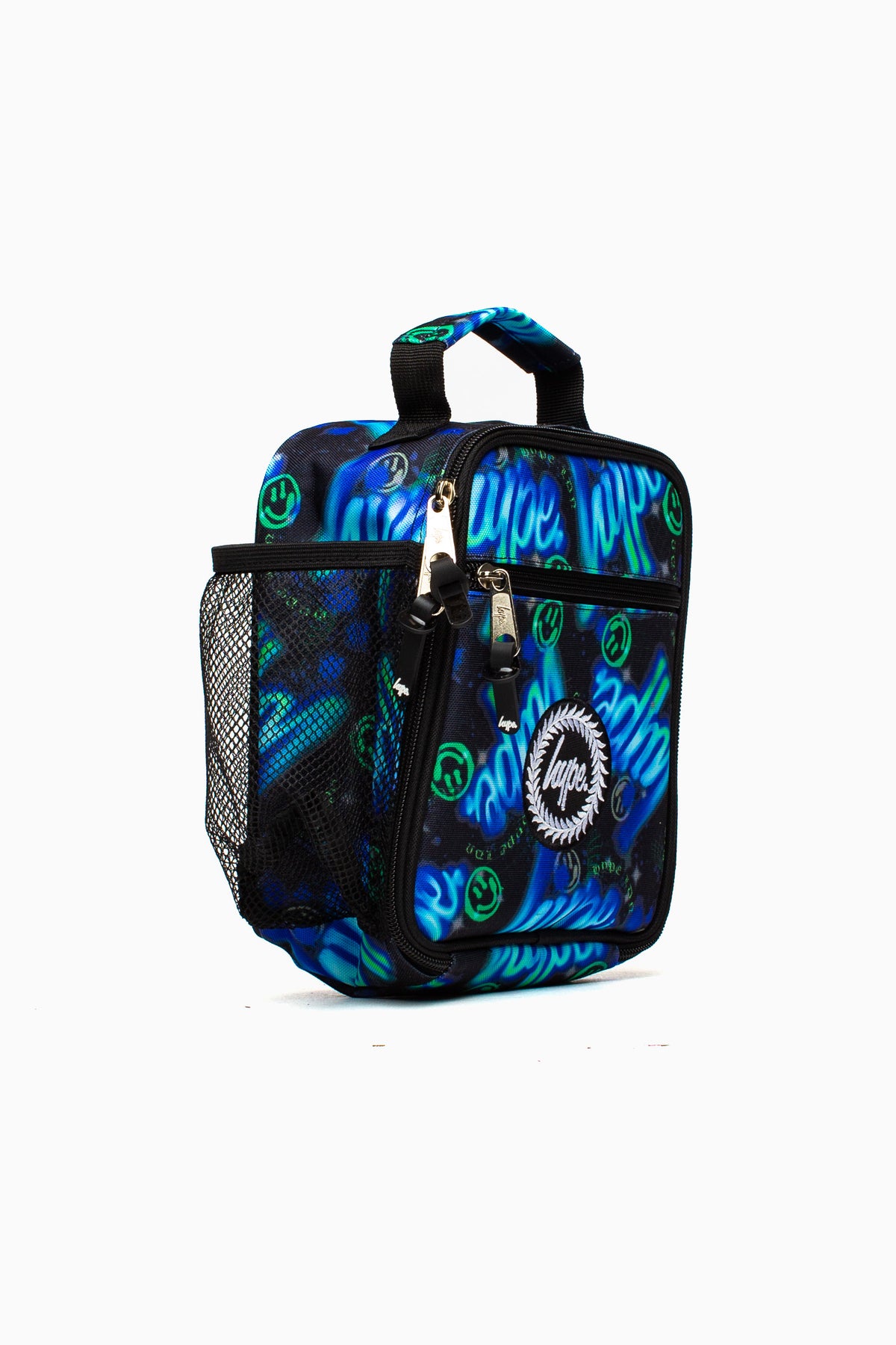 Hype Blue & Green Electric Smile insulated lunch bag front view — vibrant print and durable build