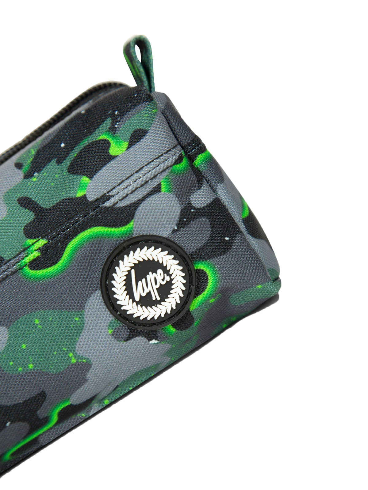 Hype Green Glow Camo pencil case open — spacious interior for school stationery