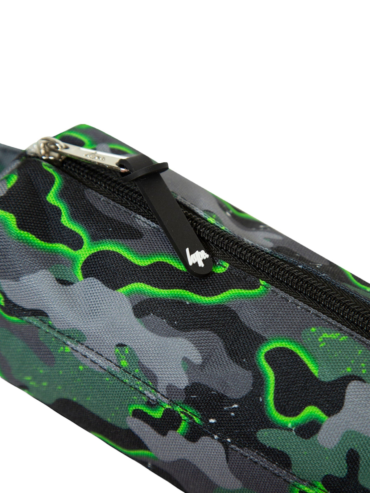 Hype Green Glow Camo pencil case — close-up of logo and design details