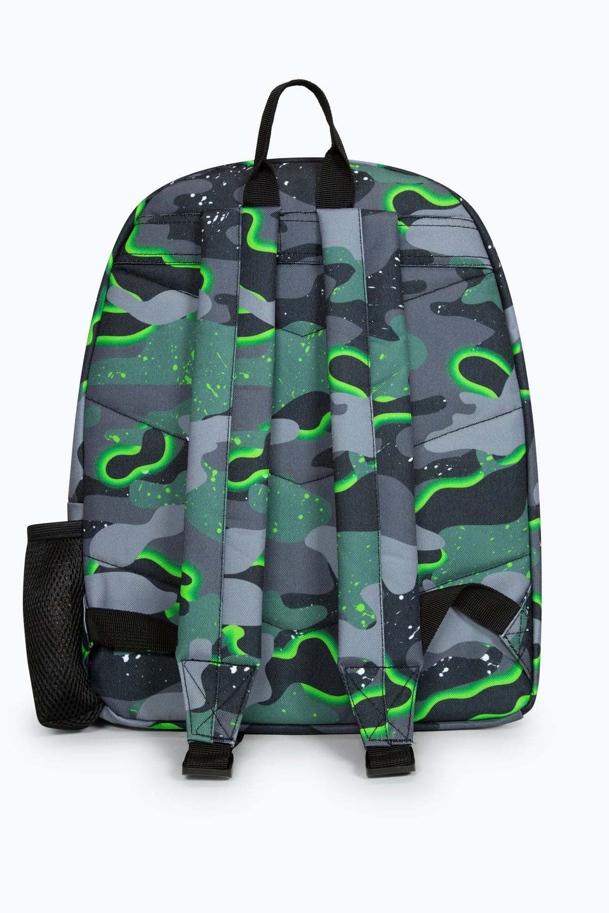 Hype Green Glow Camo school bag set — layout showing all pockets and design details