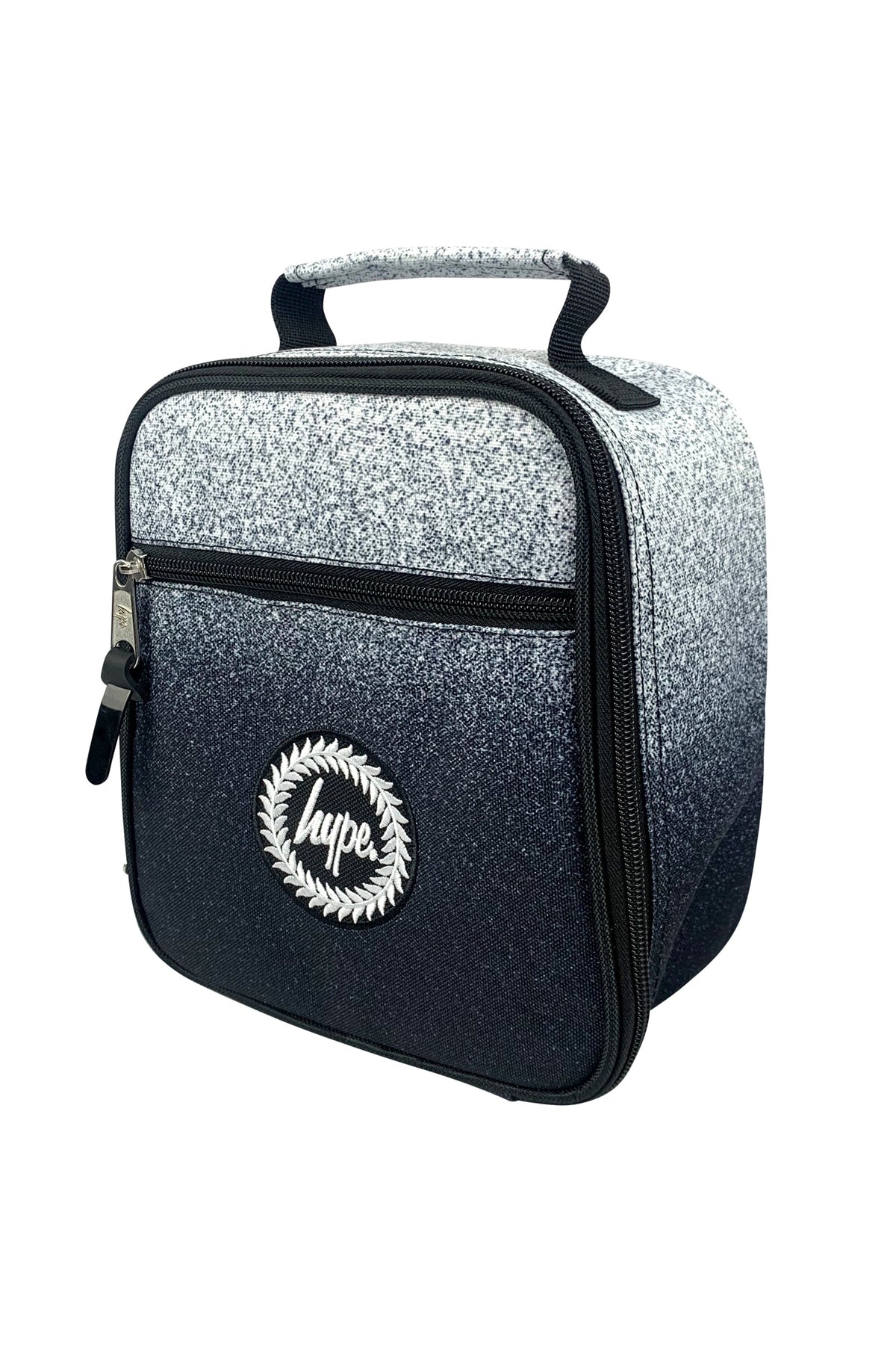 Hype Black & White Speckle Fade insulated lunch bag front view — vibrant print and durable build