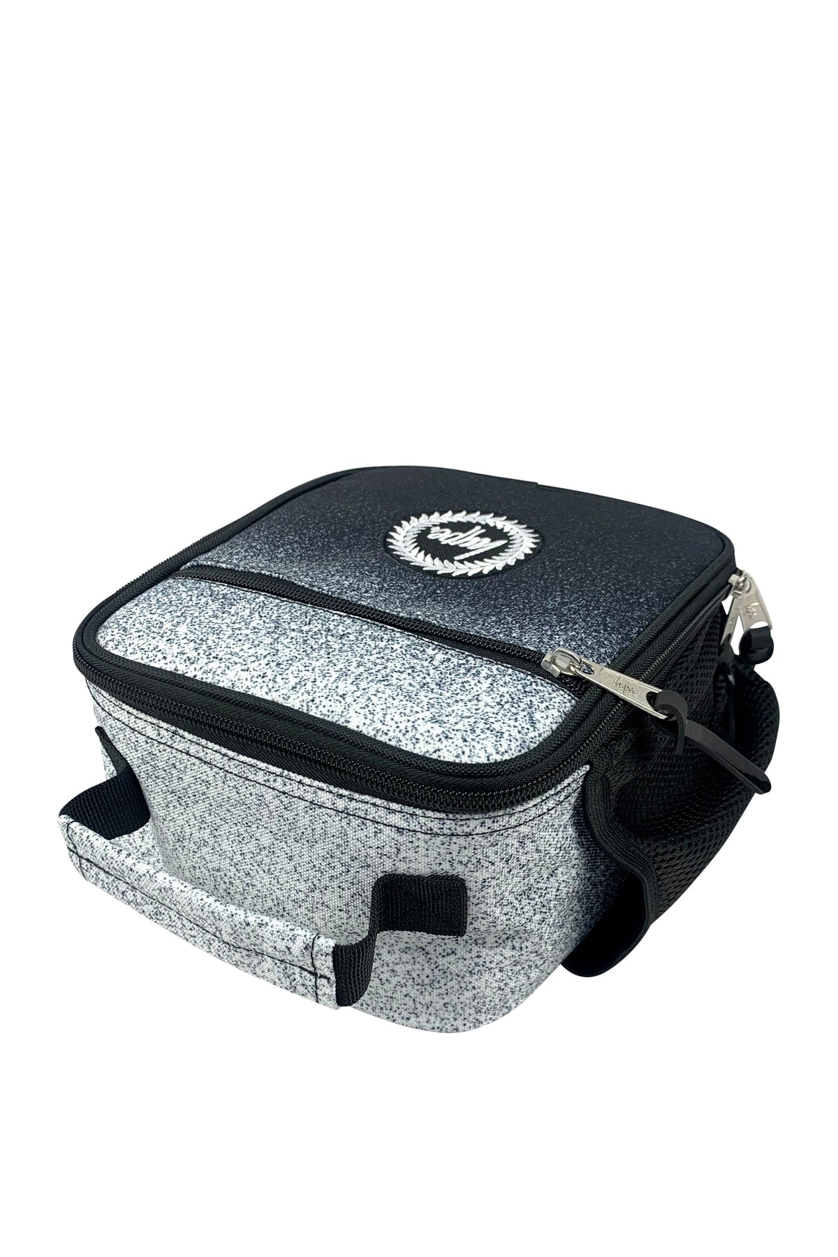 Hype Black & White Speckle Fade insulated lunch bag — bold colour and print from every angle