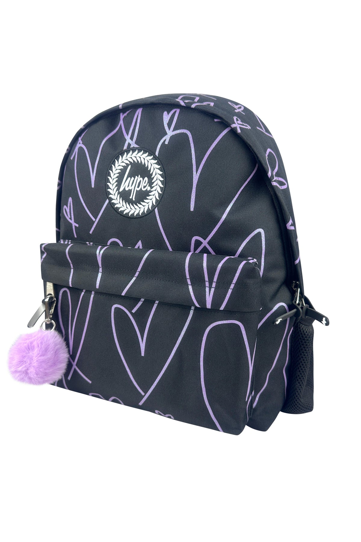 Hype Black & Purple Glitter Scribble Hearts backpack front view — vibrant print and durable build