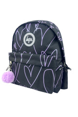 Hype Black & Purple Glitter Scribble Hearts backpack front view — vibrant print and durable build