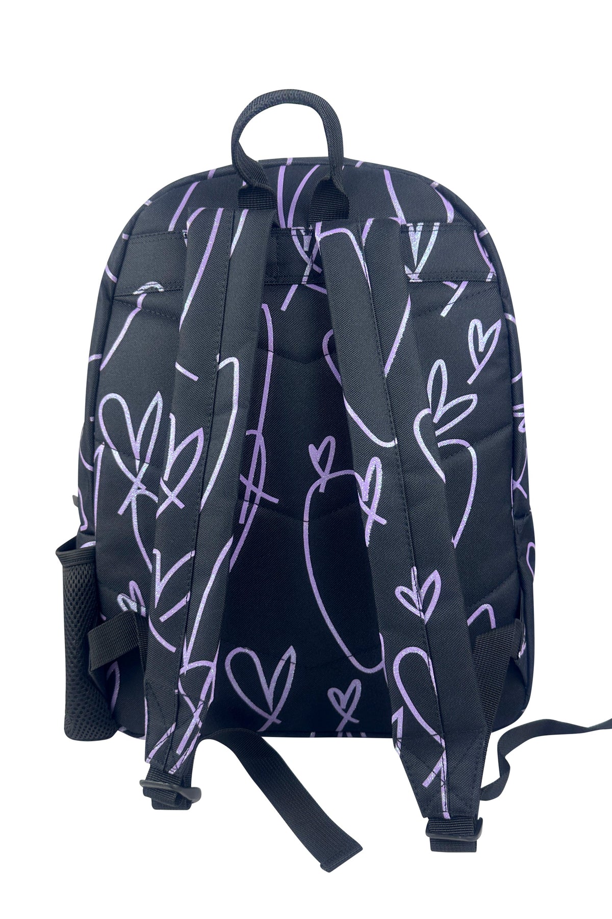 Hype Black & Purple Glitter Scribble Hearts backpack — dimensions and size reference for school use