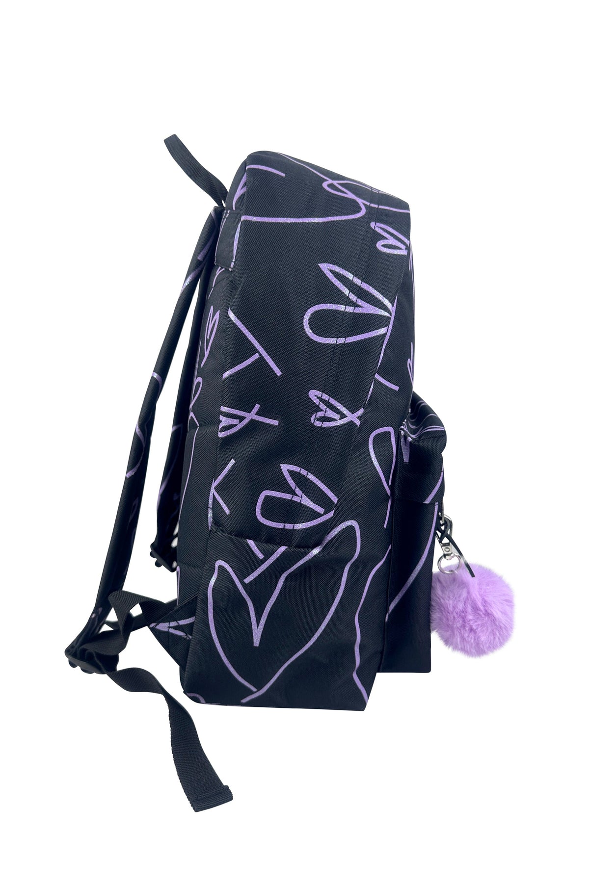Hype Black & Purple Glitter Scribble Hearts backpack — padded back panel and adjustable straps