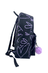 Hype Black & Purple Glitter Scribble Hearts backpack — padded back panel and adjustable straps