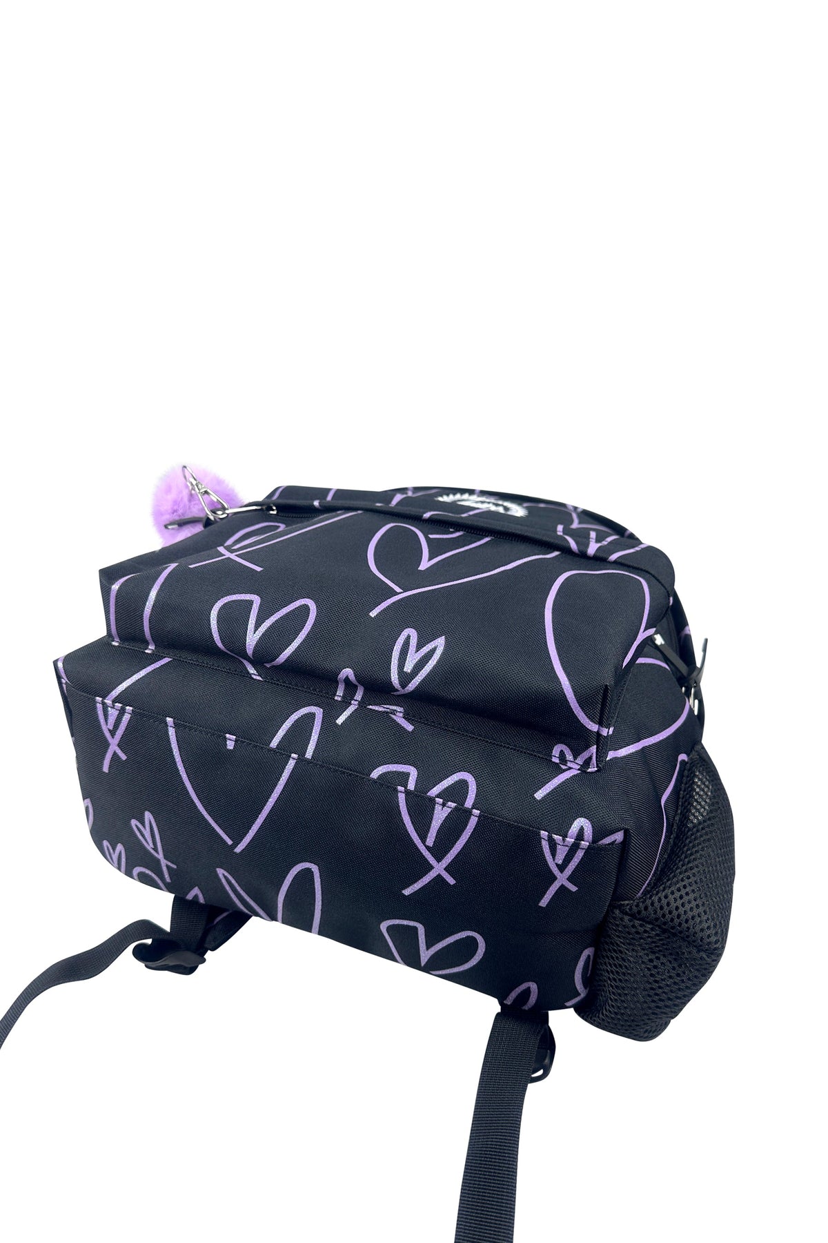 Hype Black & Purple Glitter Scribble Hearts backpack — durable materials built for daily school life