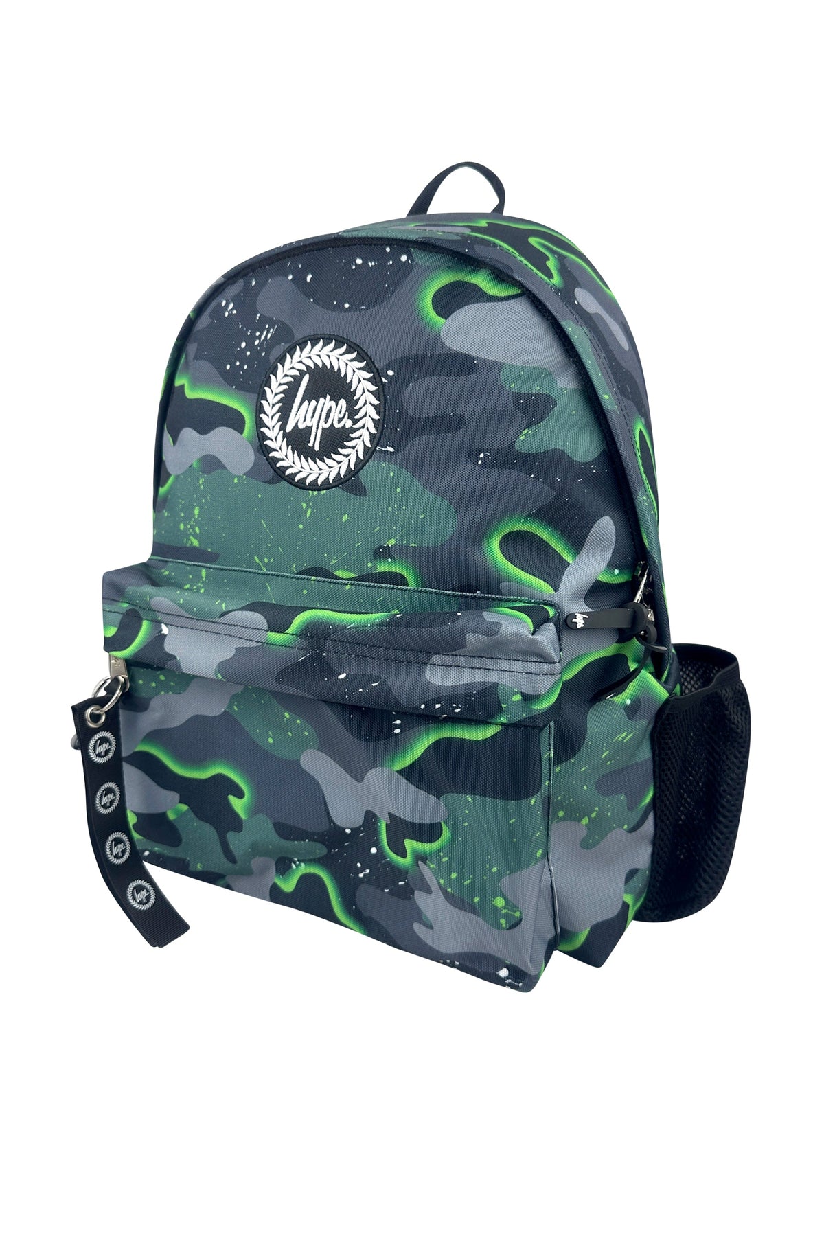 Hype Green Glow Camo backpack front view — vibrant print and durable build