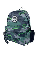 Hype Green Glow Camo backpack front view — vibrant print and durable build