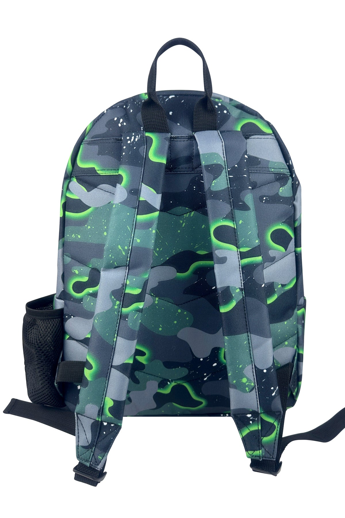 Hype Green Glow Camo backpack — padded back panel and adjustable straps