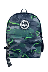 Hype Green Glow Camo school bag set front view — vibrant print and durable build