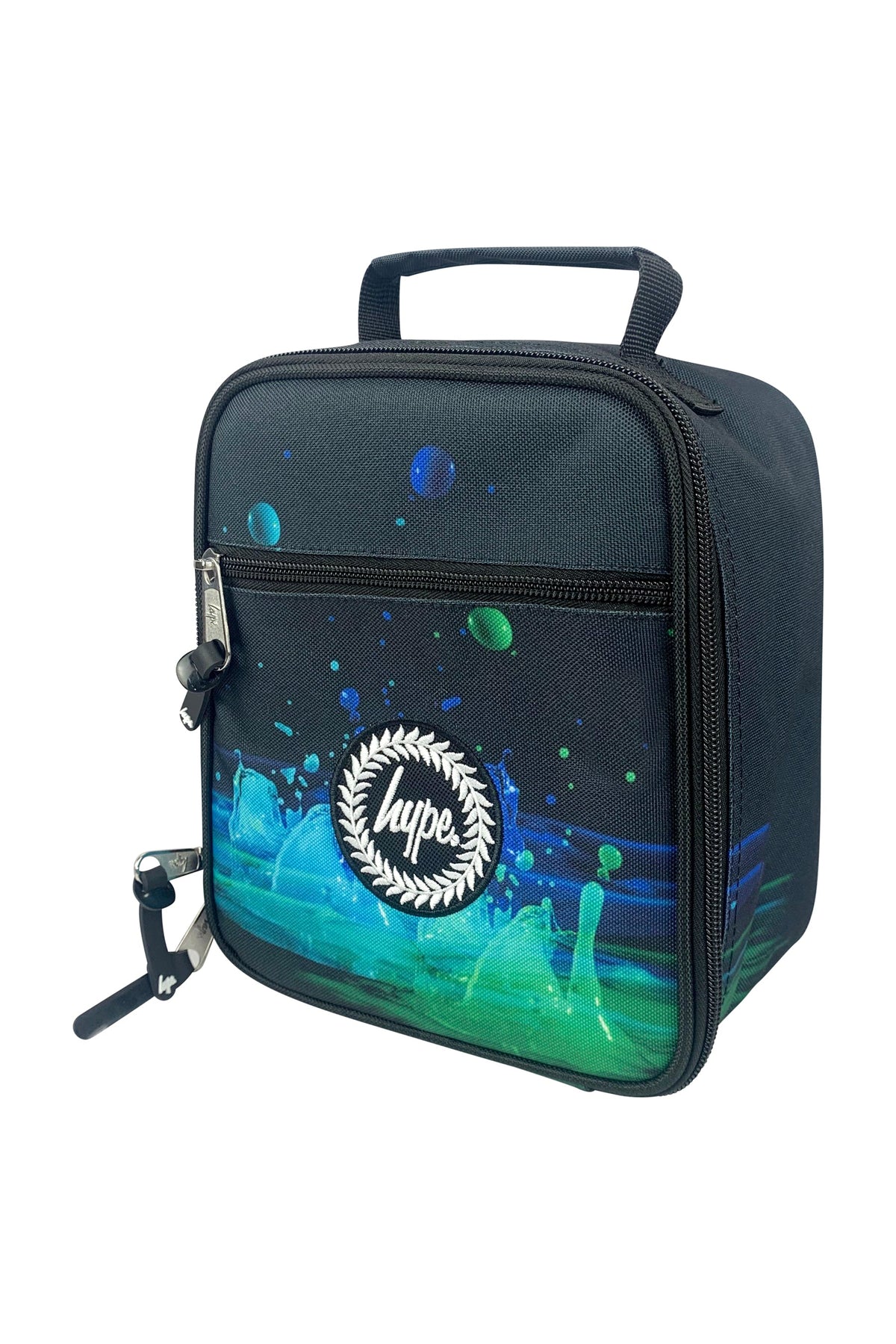 Hype Black 3D Droplets insulated lunch bag front view — vibrant print and durable build