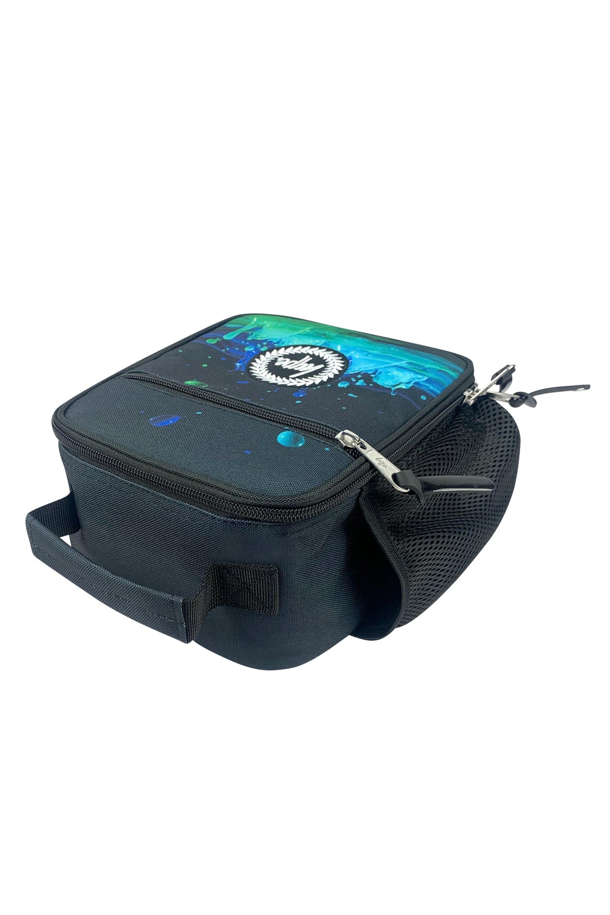 Hype Black 3D Droplets insulated lunch bag — bold colour and print from every angle