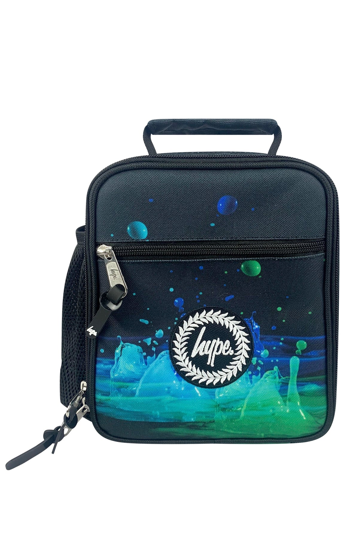 Black insulated lunch bag with blue and green design and HYPE logo on a white background,...