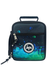 Black insulated lunch bag with blue and green design and HYPE logo on a white background,...