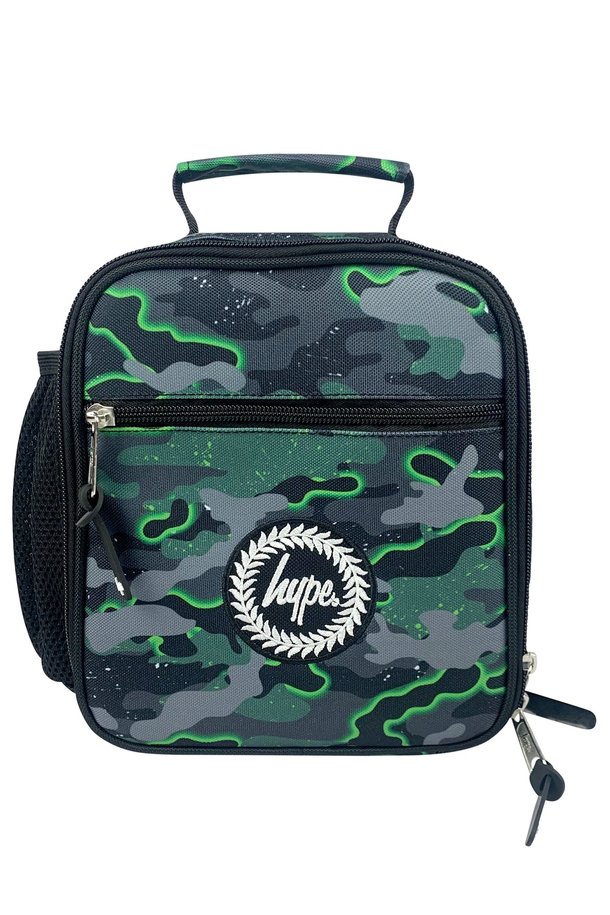 Hype Green Glow Camo school bag set open interior — compartments and features