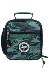 Hype Green Glow Camo school bag set open interior — compartments and features