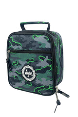 Hype Green Glow Camo insulated lunch bag front view — vibrant print and durable build
