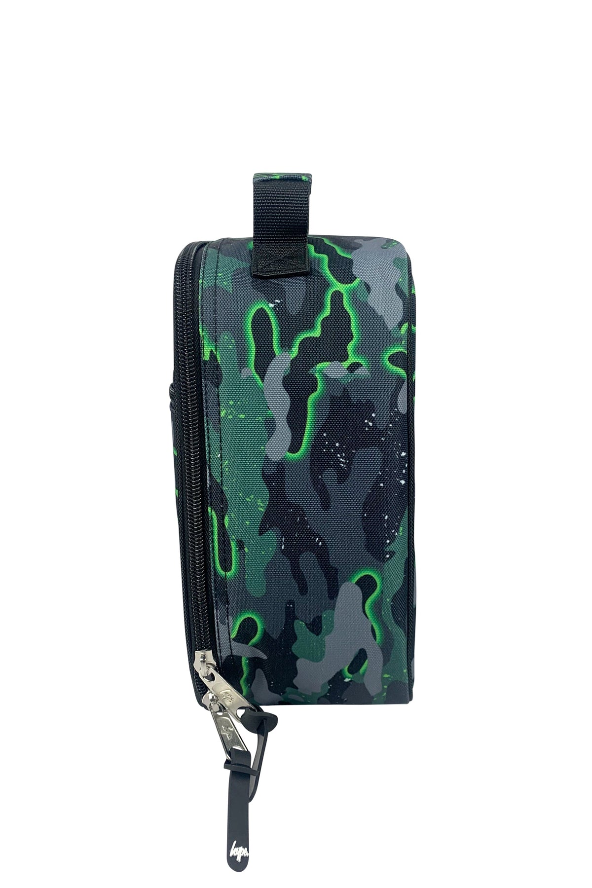 Hype Green Glow Camo insulated lunch bag — bold colour and print from every angle