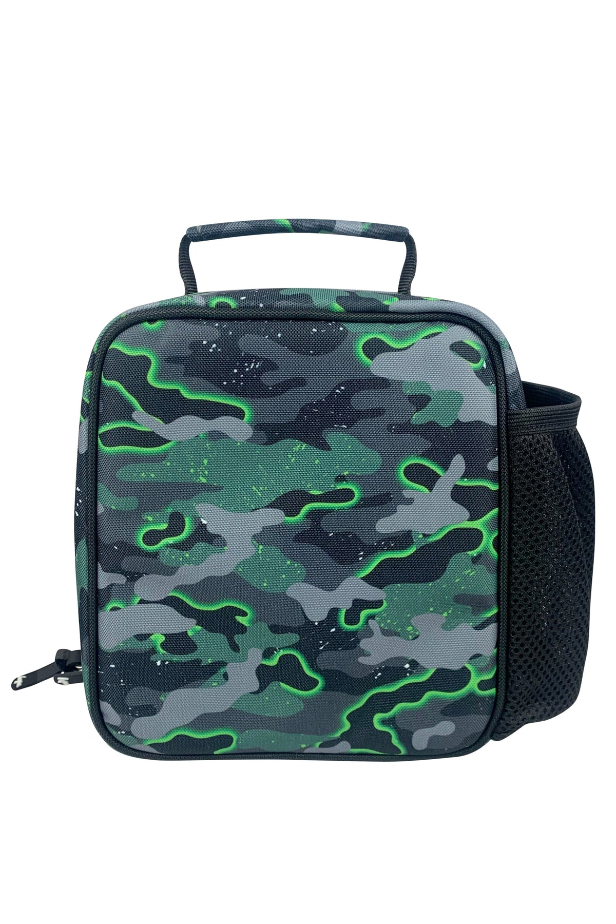 Hype Green Glow Camo insulated lunch bag — open showing insulated interior and compartments