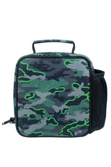 Hype Green Glow Camo insulated lunch bag — open showing insulated interior and compartments