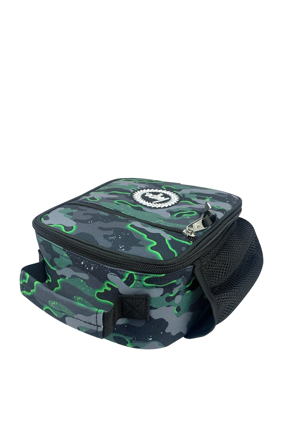 Hype Green Glow Camo insulated lunch bag — close-up of logo and design details