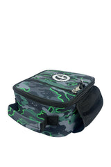 Hype Green Glow Camo insulated lunch bag — close-up of logo and design details